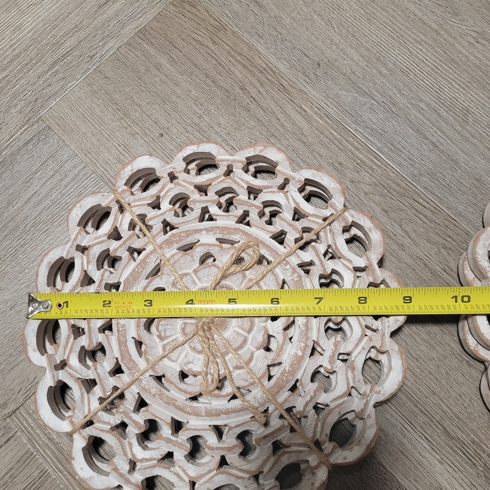 2 Sets Whitewashed Carved Wood Trivets Boho Mandala Openwork Round Tied - Picture 5 of 6
